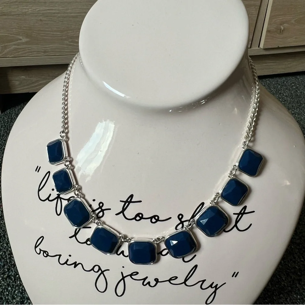 Vintage 2010s Square Cut Navy Blue Stone Bezel Facets Silver Statement Necklace